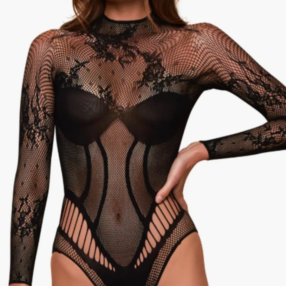 Haughty Mock Neck Long Sleeve Sheer Teddy – Black – One Size